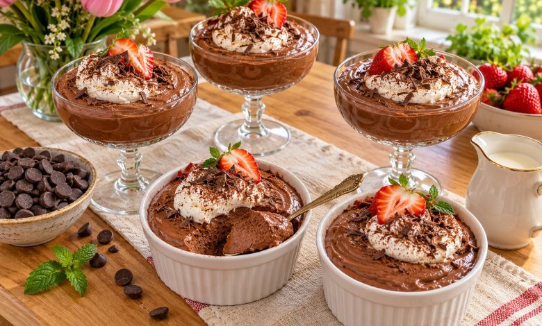 Chocolate mousse cups topped with whipped cream, shaved chocolate and strawberries