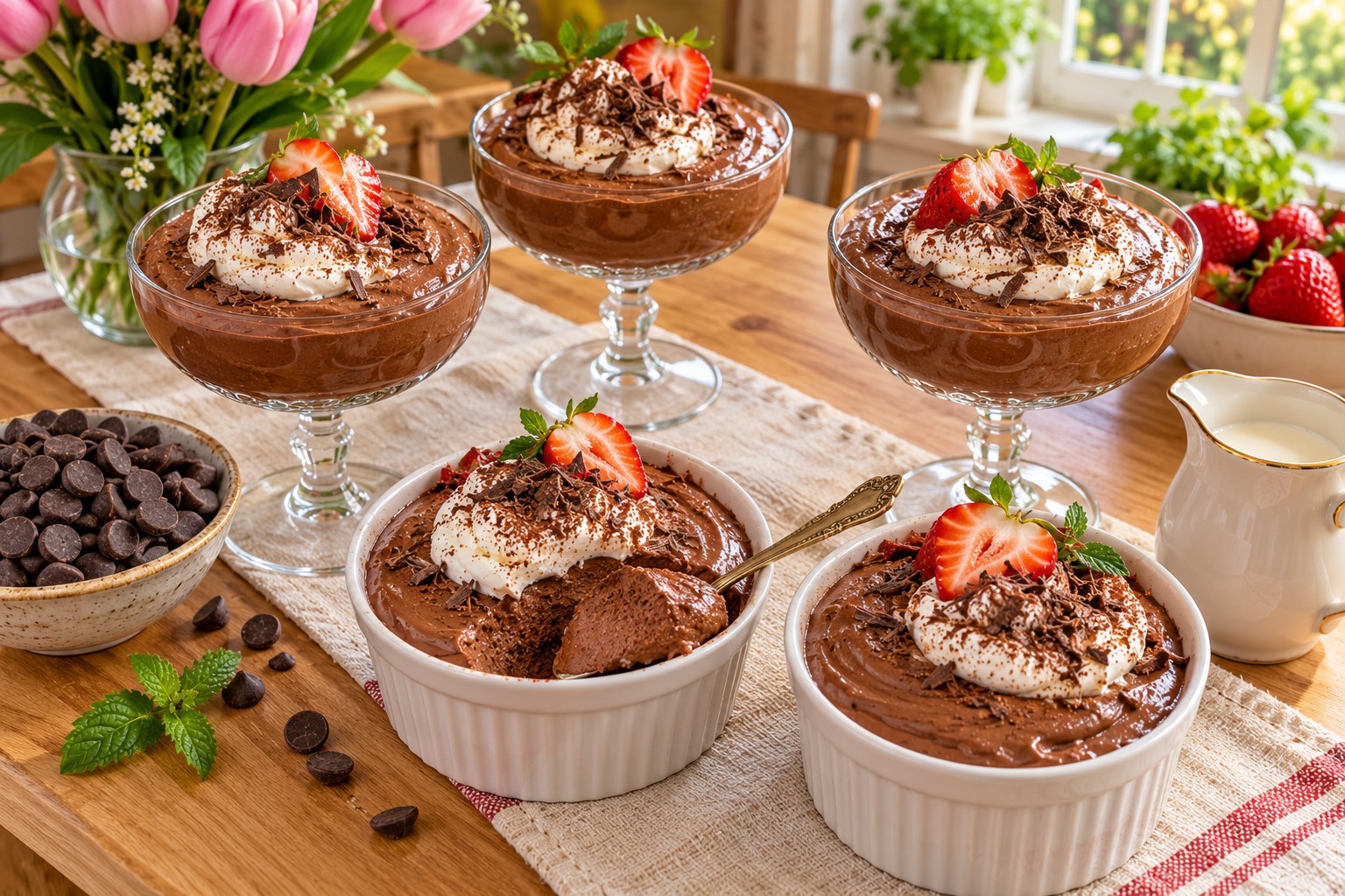 2-ingredient chocolate mousse cups topped with whipped cream and chocolate shavings
