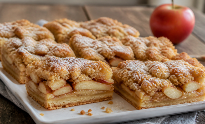 Freshly baked Apple Kuchen Bars with streusel topping on a ceramic plate