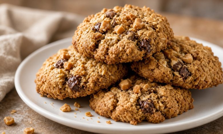 Stack of homemade Butterfinger oatmeal cookies with candy pieces