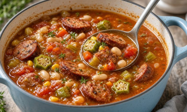 Pot of Cajun andouille sausage soup with okra, beans, corn, and tomatoes