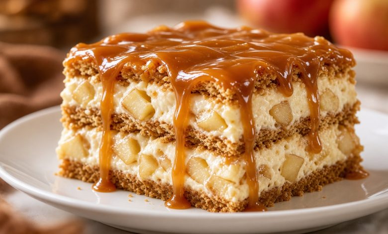 Slice of Caramel Apple Eclair Cake with caramel topping and apple cream layers