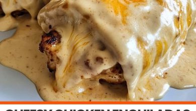 Cheesy chicken enchiladas topped with creamy sauce and salsa