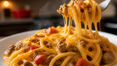 Plate of Cheesy Taco Spaghetti with creamy cheese sauce and ground beef