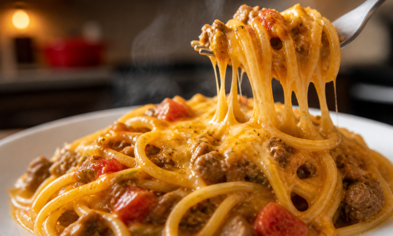 Plate of Cheesy Taco Spaghetti with creamy cheese sauce and ground beef