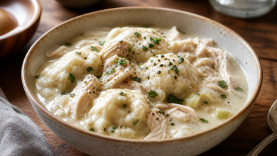 Bowl of homemade Chicken and Dumplings with fluffy dumplings and creamy broth