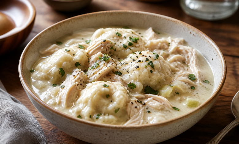 Bowl of homemade Chicken and Dumplings with fluffy dumplings and creamy broth
