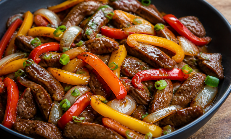 Chinese Pepper Steak stir-fry with beef, bell peppers, and onions in glossy sauce