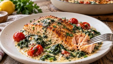 Pan-seared salmon in creamy garlic herb spinach sauce with cherry tomatoes on a white plate