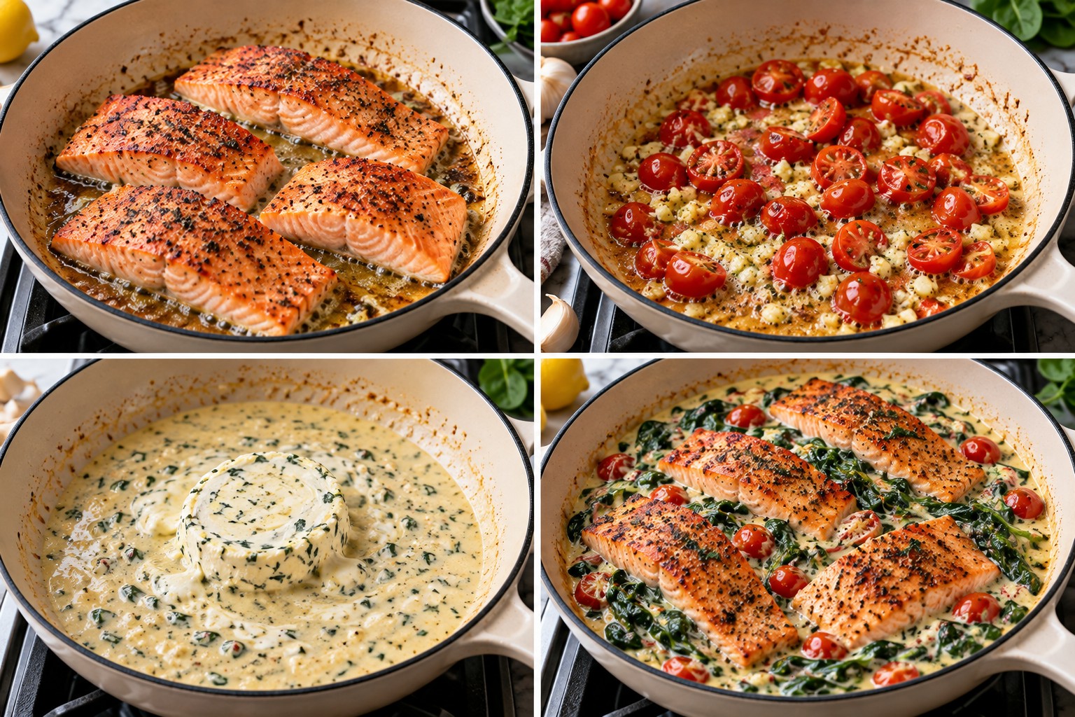 Step-by-step photos of searing salmon, sauteing garlic and tomatoes, melting herb cheese, and wilting spinach in one skillet