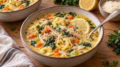 Creamy lemon chicken tortellini soup with spinach, carrots and a lemon slice in a rustic bowl