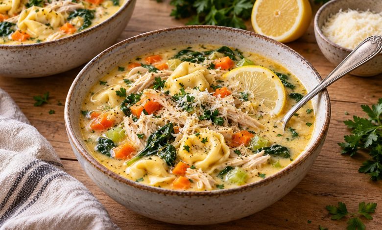 Creamy lemon chicken tortellini soup with spinach, carrots and a lemon slice in a rustic bowl