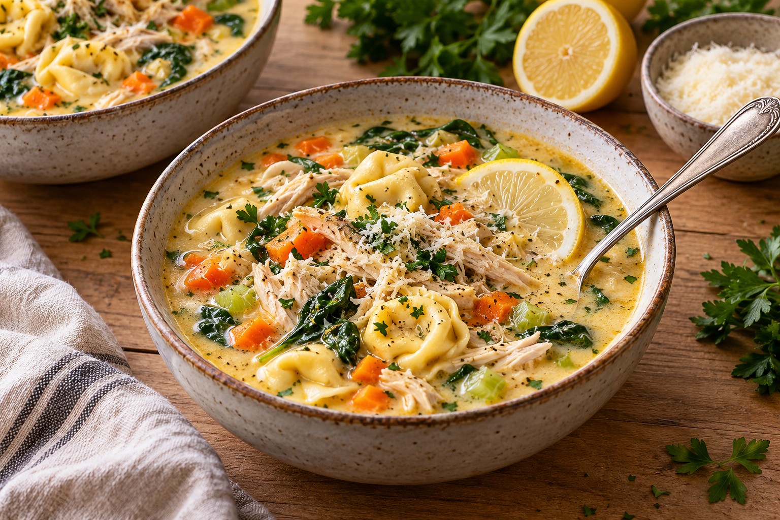 Creamy lemon chicken tortellini soup with spinach, carrots and a lemon slice in a rustic bowl