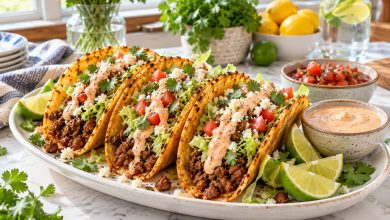Crispy chipotle beef tacos with lettuce, tomato, cotija and chipotle lime crema