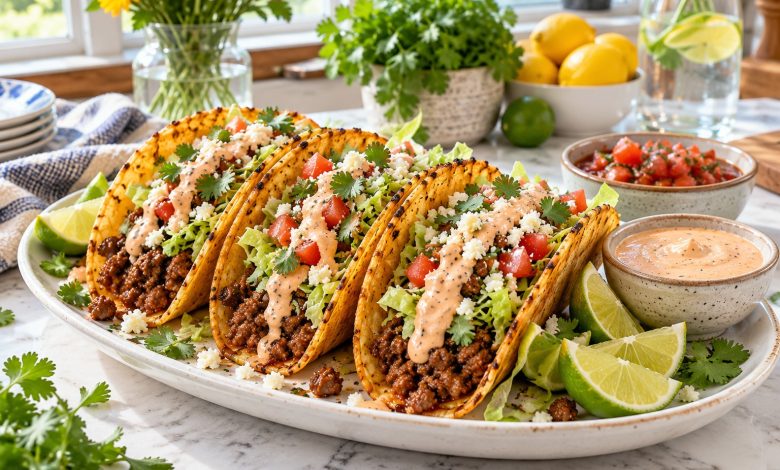 Crispy chipotle beef tacos with lettuce, tomato, cotija and chipotle lime crema