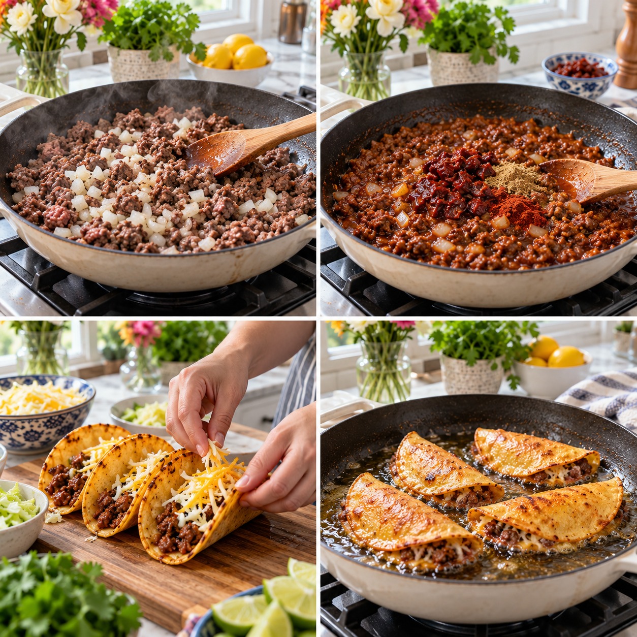 Step-by-step photos of making crispy chipotle beef tacos
