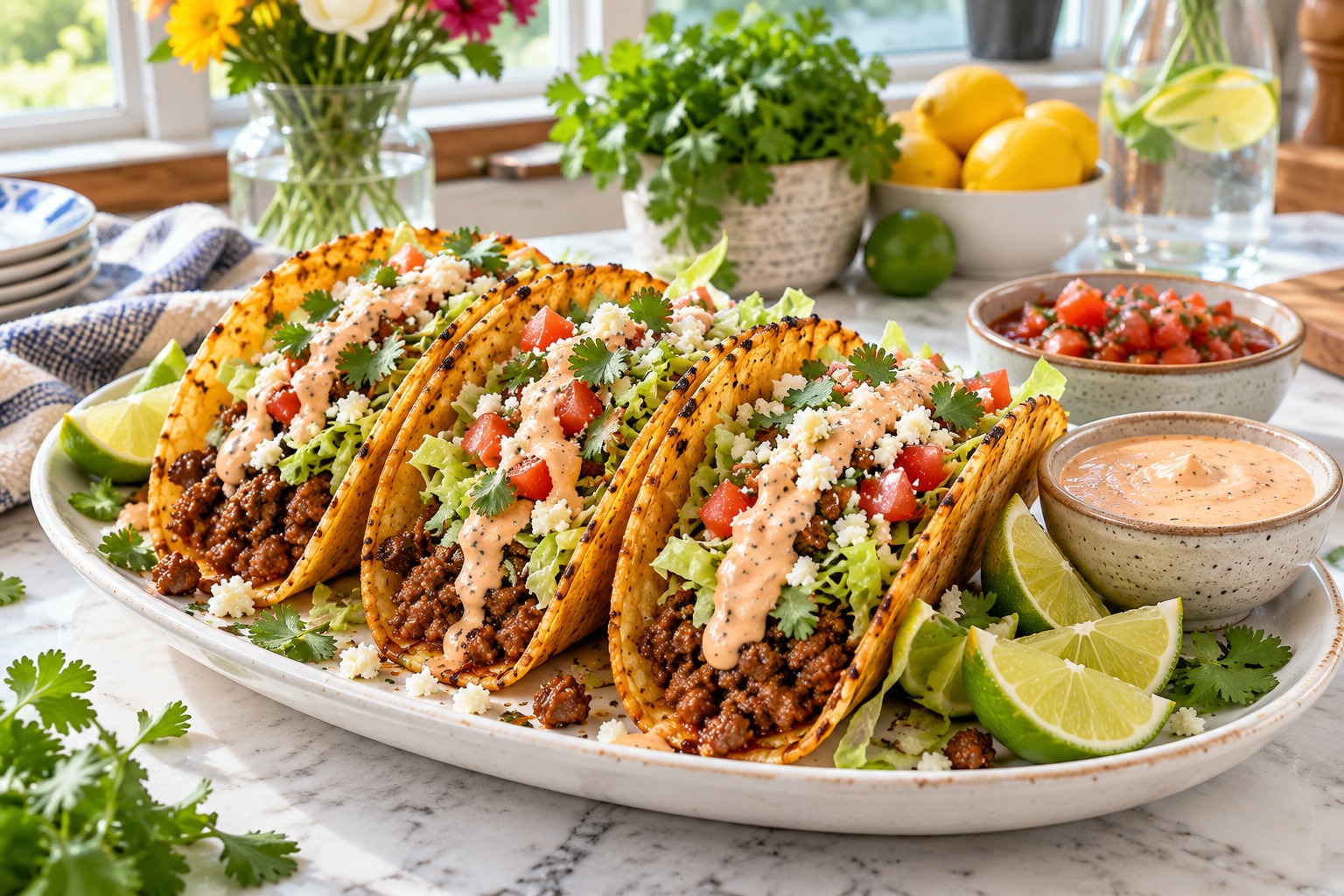 Crispy chipotle beef tacos with lettuce, tomato, cotija and chipotle lime crema