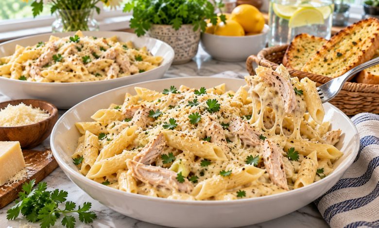 Crockpot creamy chicken pasta with penne, Parmesan and parsley in a bowl