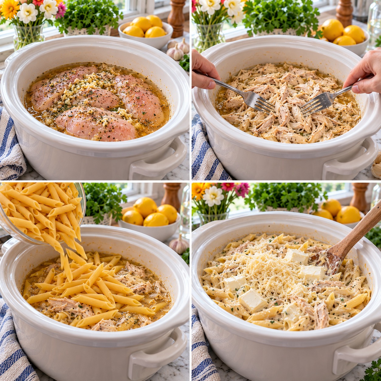Step-by-step photos of making crockpot creamy chicken pasta