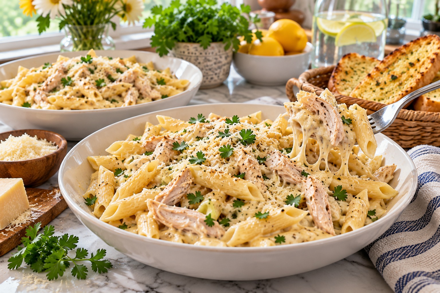 Crockpot creamy chicken pasta with penne, Parmesan and parsley in a bowl