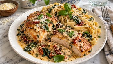 Creamy crockpot Tuscan chicken with sun-dried tomatoes and spinach