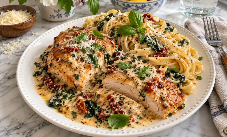 Creamy crockpot Tuscan chicken with sun-dried tomatoes and spinach