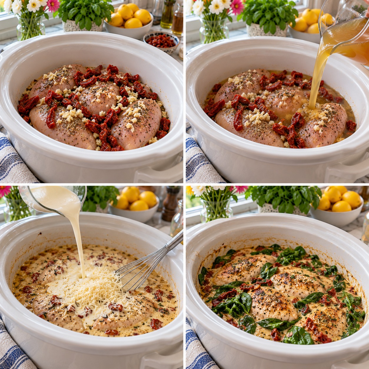 Step-by-step photos of making crockpot Tuscan chicken