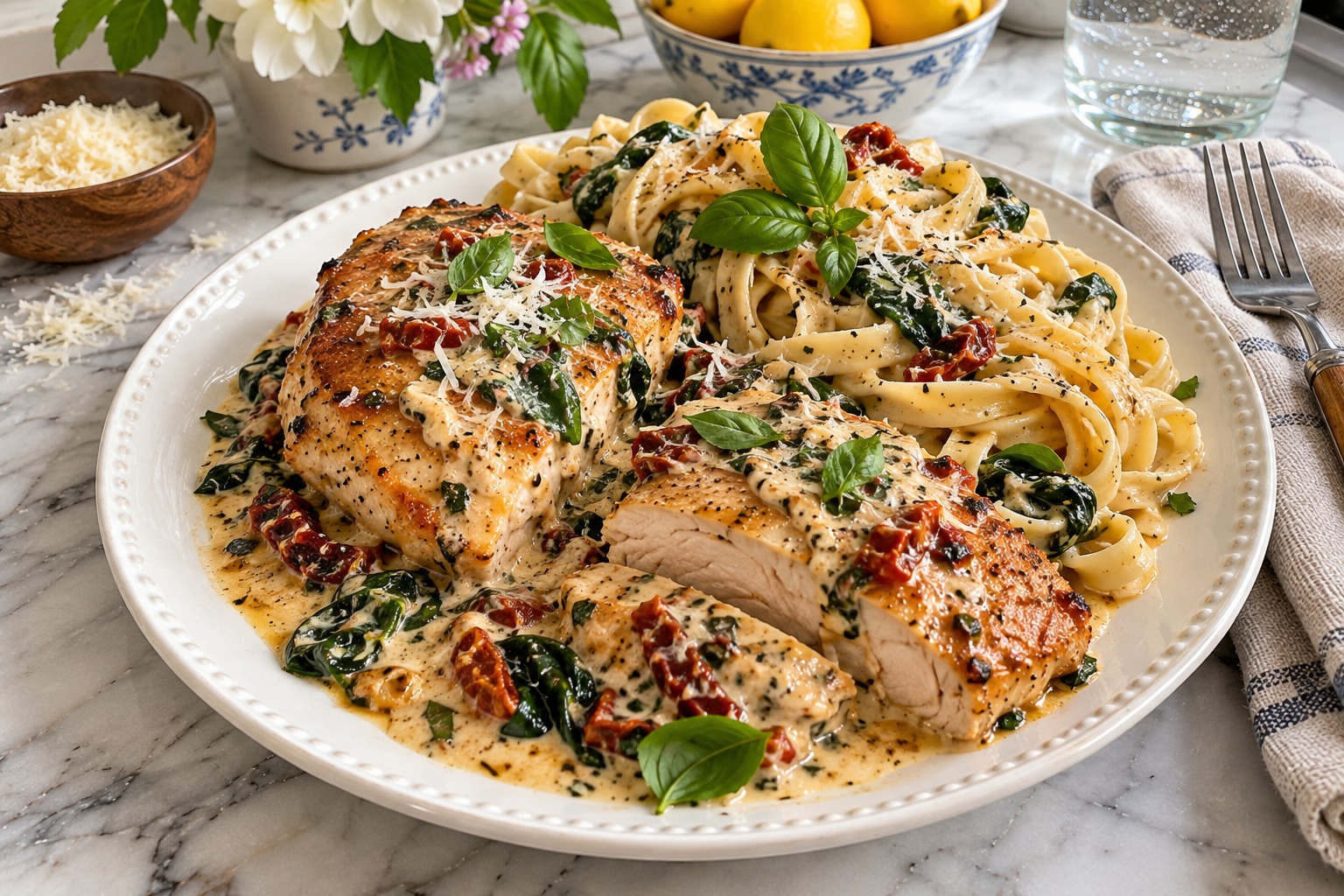 Creamy crockpot Tuscan chicken with sun-dried tomatoes and spinach