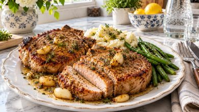 Juicy garlic butter pork chops in a cast iron skillet with garlic and thyme