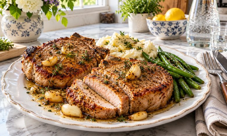 Juicy garlic butter pork chops in a cast iron skillet with garlic and thyme