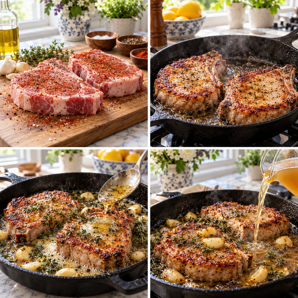 Step-by-step photos of making garlic butter pork chops