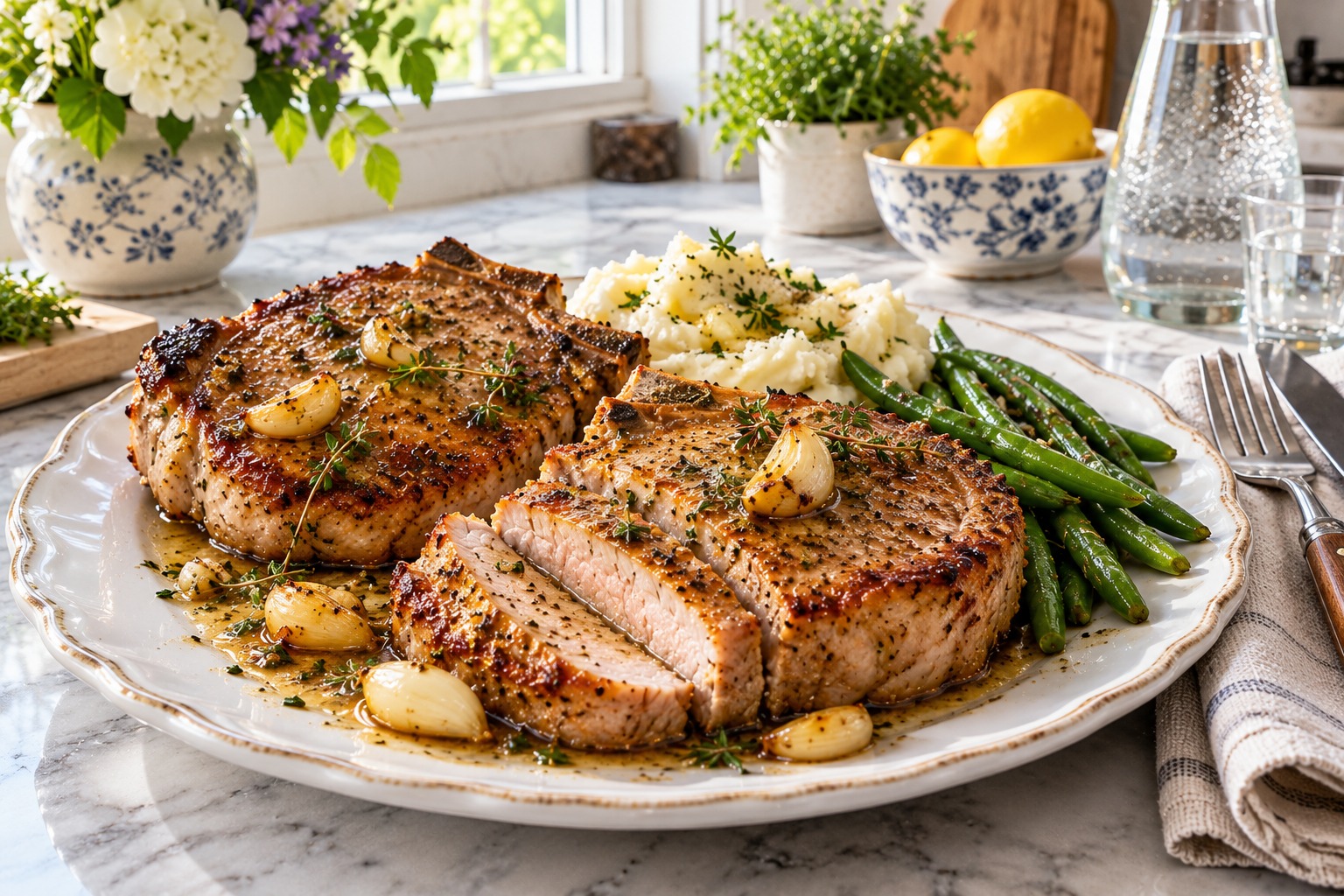Juicy garlic butter pork chops in a cast iron skillet with garlic and thyme