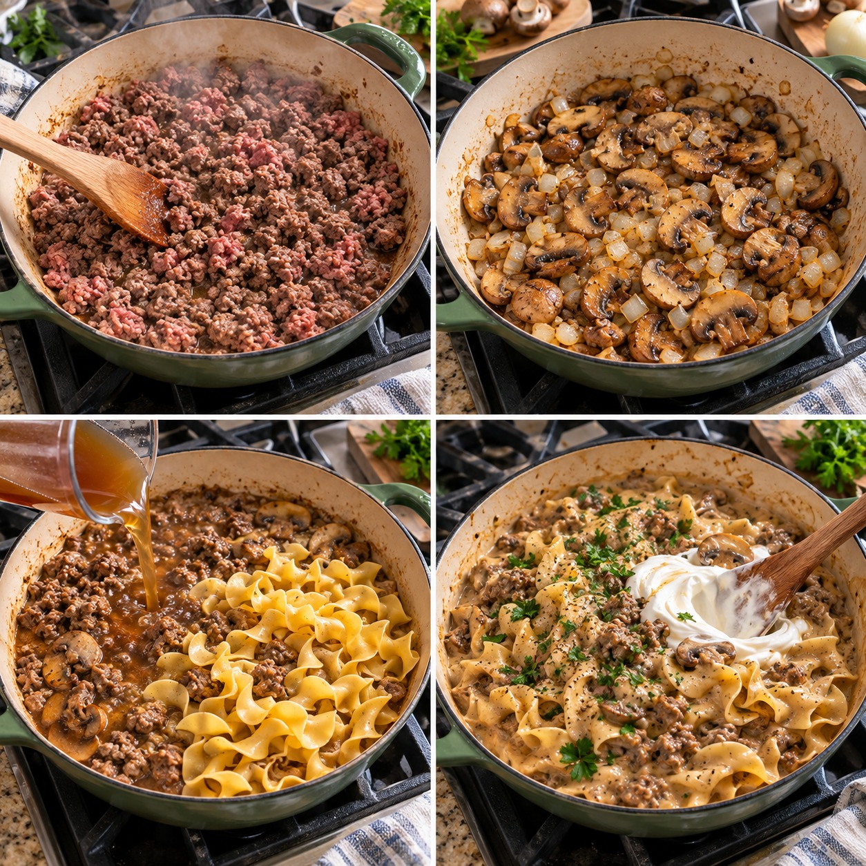 Step-by-step photos of making one-pan ground beef stroganoff