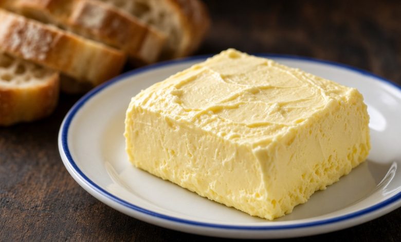 Block of fresh homemade butter on a white plate