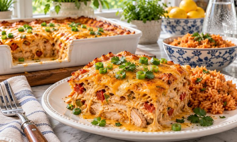 Cheesy King Ranch chicken casserole in a baking dish with a serving scooped out