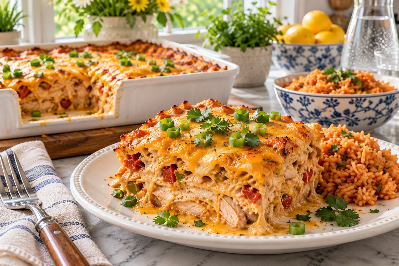 Cheesy King Ranch chicken casserole in a baking dish with a serving scooped out