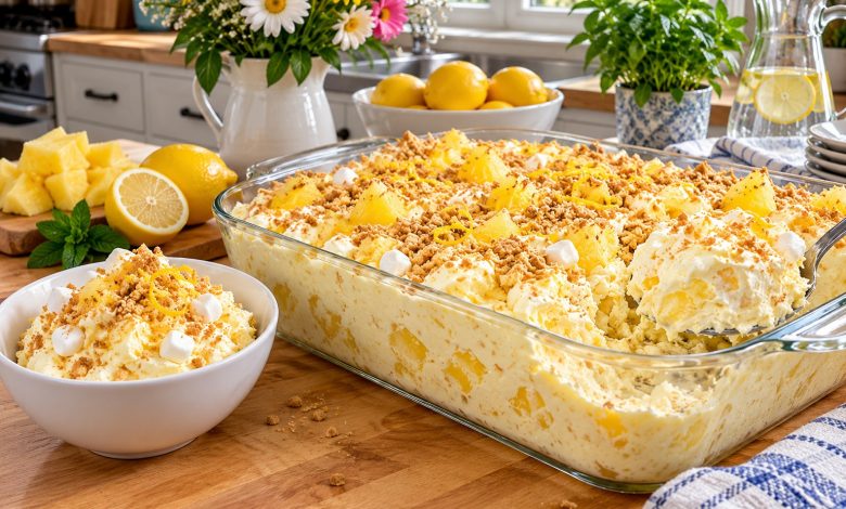 Lemon pineapple cheesecake fluff in a glass dish with graham crumbs and lemon zest
