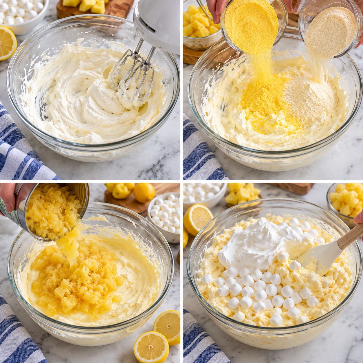 Step-by-step photos of making lemon pineapple cheesecake fluff