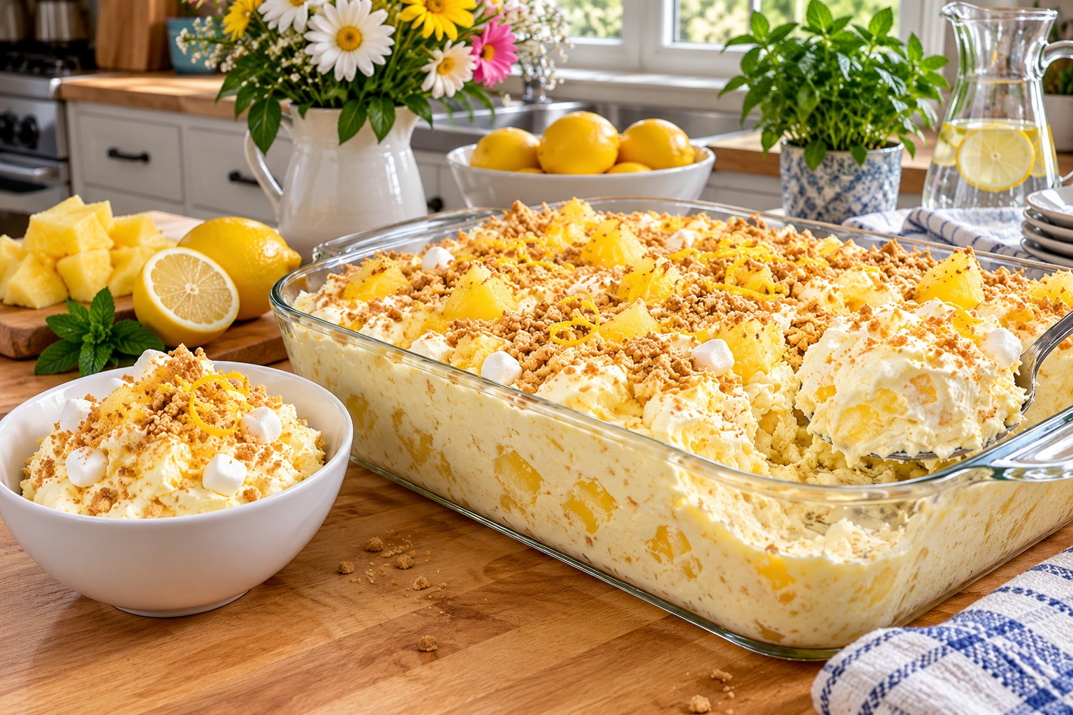 Lemon pineapple cheesecake fluff in a glass bowl with graham crumbs and lemon zest