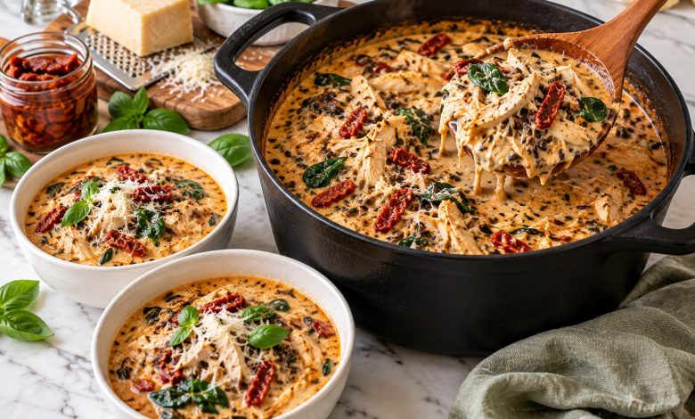Creamy marry me chicken wild rice soup with sun-dried tomatoes and spinach
