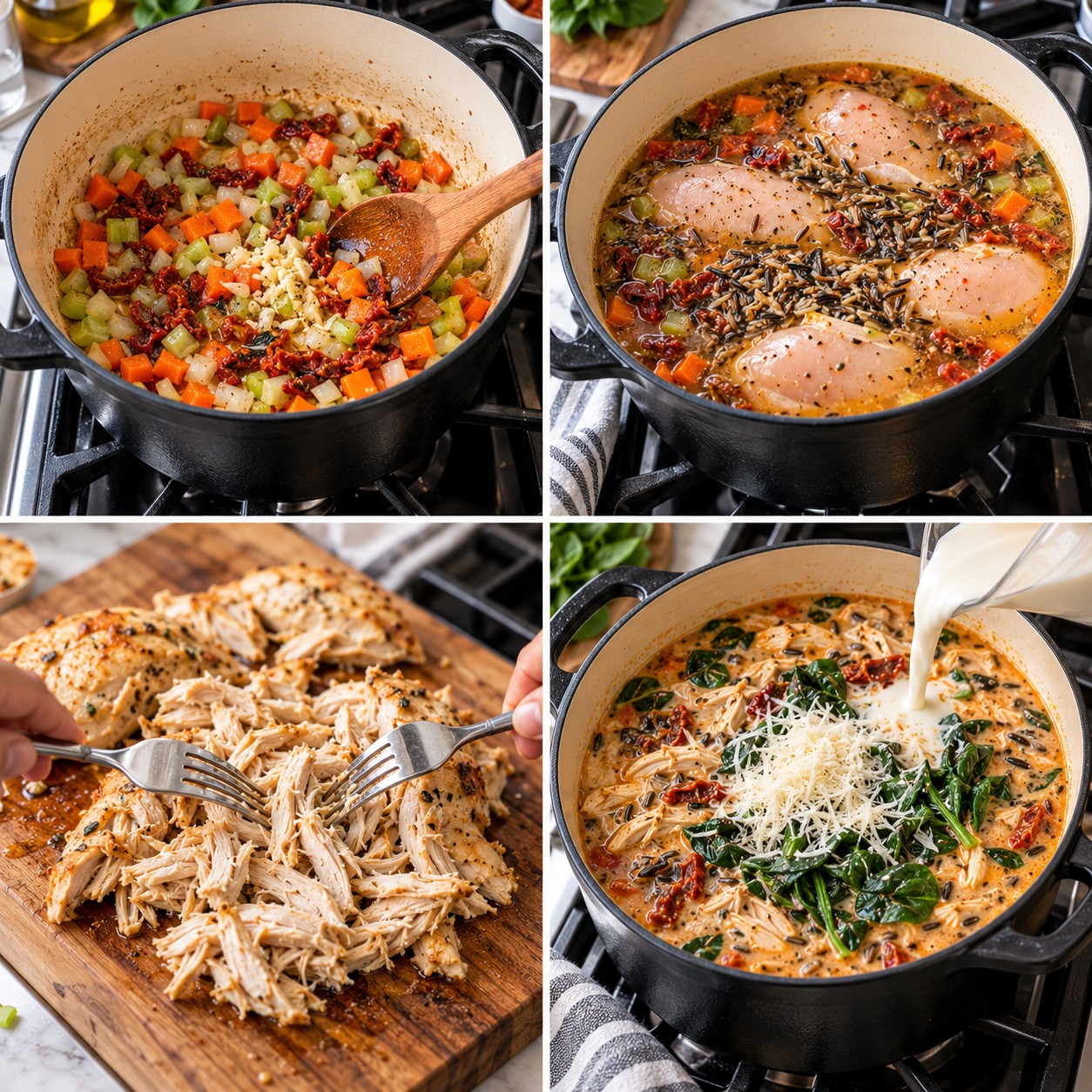 Step-by-step photos of making marry me chicken wild rice soup