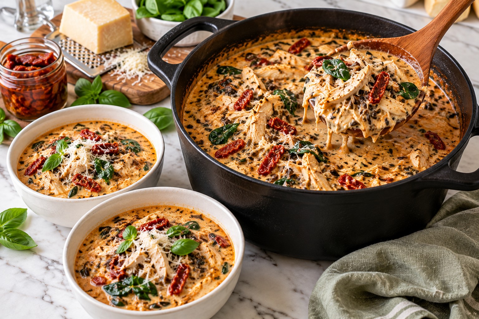 Creamy marry me chicken wild rice soup with sun-dried tomatoes and spinach