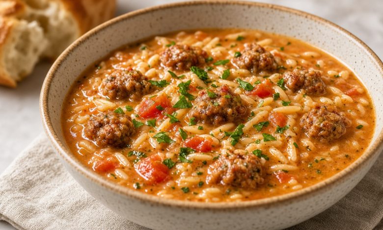 Bowl of Marry Me Sausage Orzo Soup with sausage, orzo, tomatoes, and herbs
