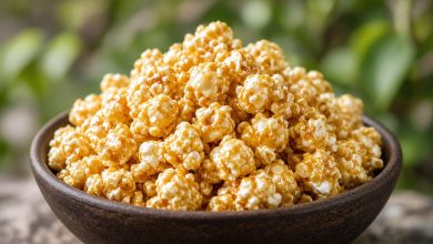 Bowl of glossy marshmallow caramel corn popcorn