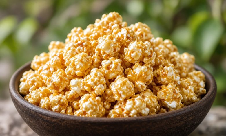 Bowl of glossy marshmallow caramel corn popcorn