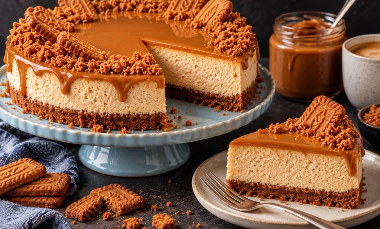 No-bake cookie butter cheesecake slice with spiced cookie crust and cookie butter drizzle
