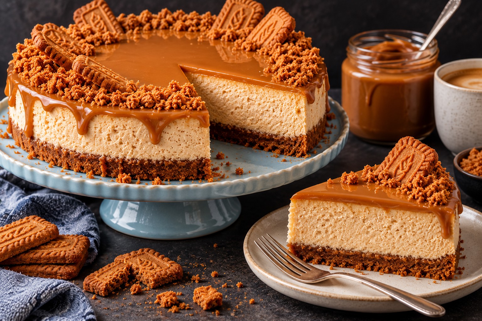No-bake cookie butter cheesecake slice with spiced cookie crust and cookie butter drizzle