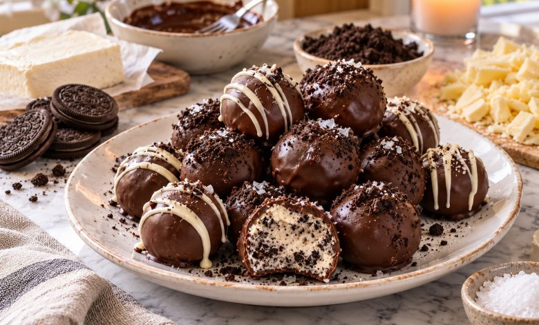 No-bake cookies and cream truffles dipped in chocolate with white chocolate drizzle on a white plate