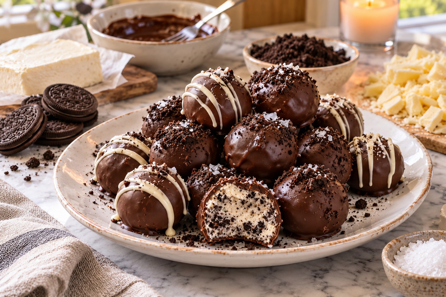 No-bake cookies and cream truffles dipped in chocolate with white chocolate drizzle on a white plate