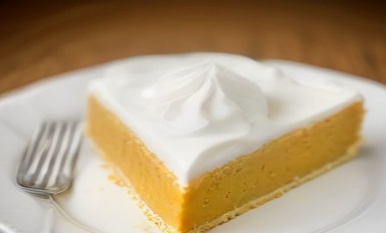 No-bake pumpkin pie slice with whipped cream on a white plate.